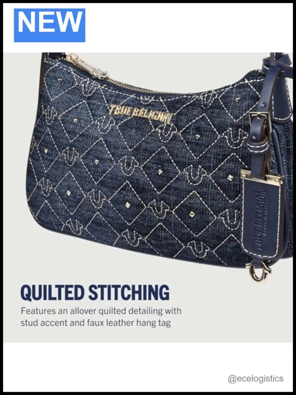 Quilted Denim Studded Shoulder Bag with Adjustable Strap & Gold Hardware